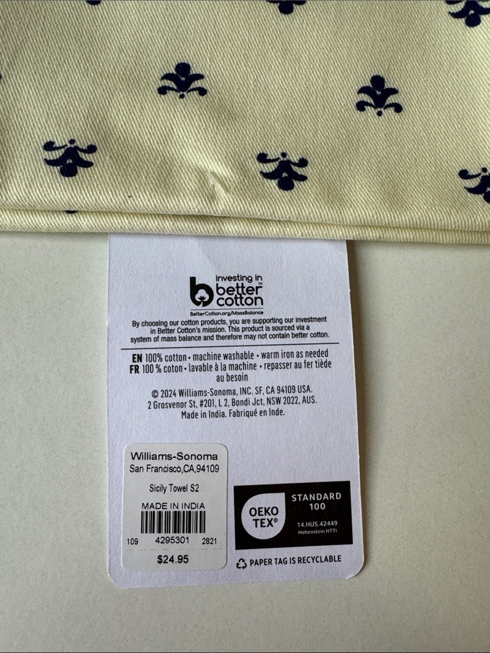 NEW Williams Sonoma Cream and Navy Fleur Kitchen Cotton Set w/Multicolor Border - Picture 5 of 16